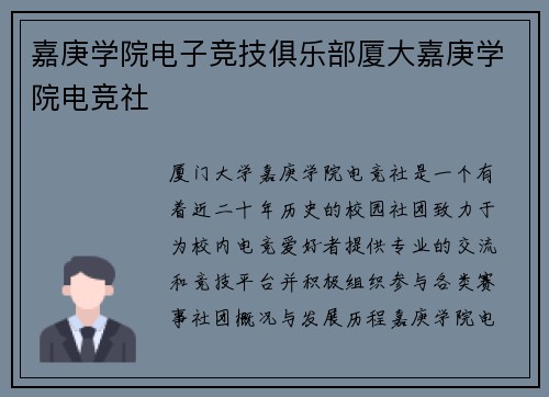 嘉庚学院电子竞技俱乐部厦大嘉庚学院电竞社